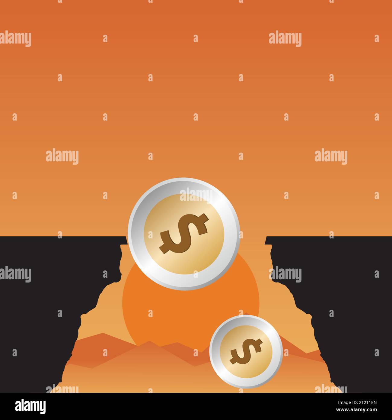 Monete con simbolo del dollaro che cadono da una scogliera al tramonto Illustrazione Vettoriale