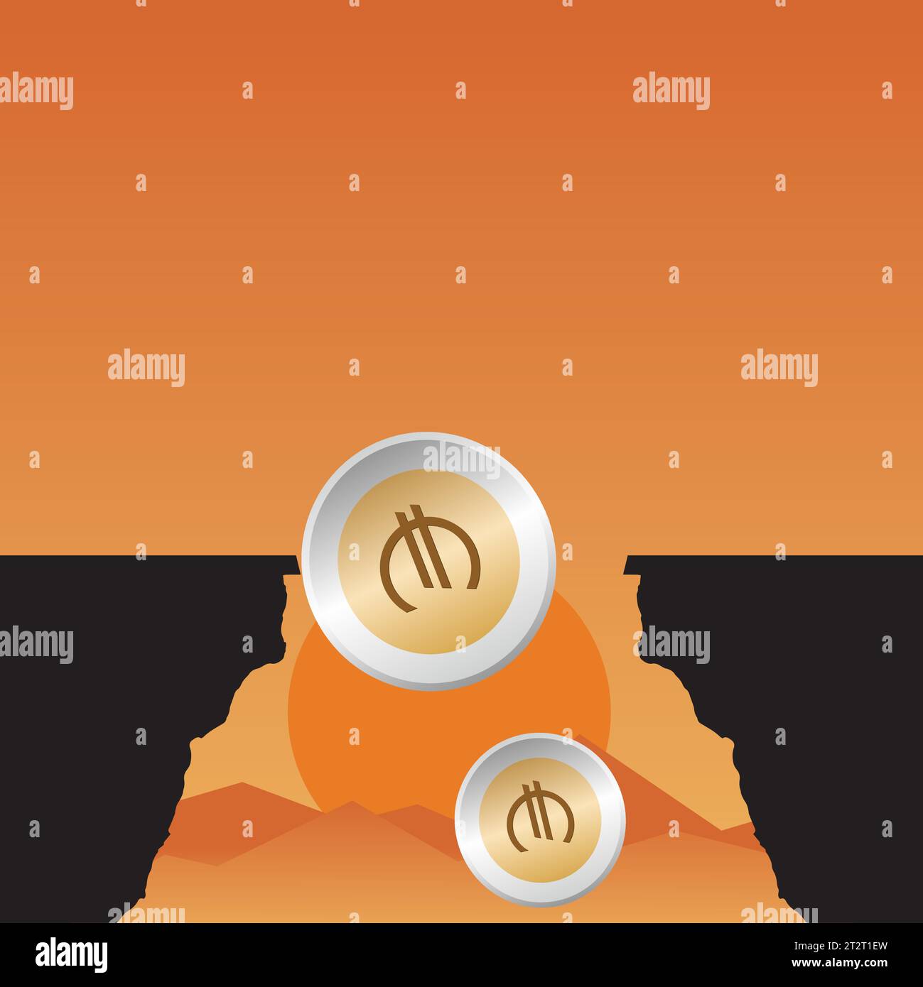 Monete con simbolo dell'euro che cadono da una scogliera al tramonto Illustrazione Vettoriale