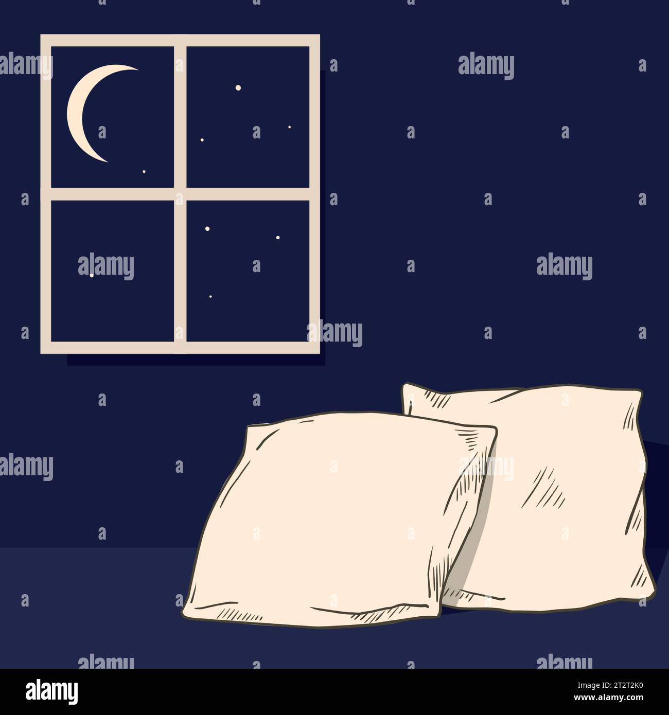 Disegno del cuscino. Dolce sogno. Interno della camera da letto. Cuscino del letto. Biancheria da letto confortevole. Cielo scuro notturno con mezzaluna e stelle. Appartamento con finestra in camera. Quasi Illustrazione Vettoriale