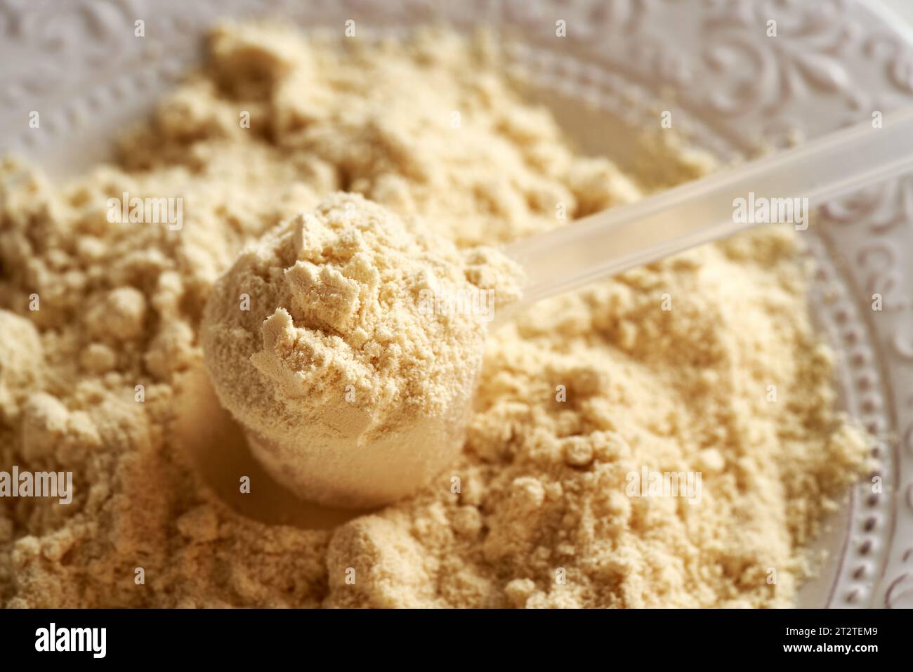 Polvere di proteine di siero di latte in un dosatore in plastica Foto Stock