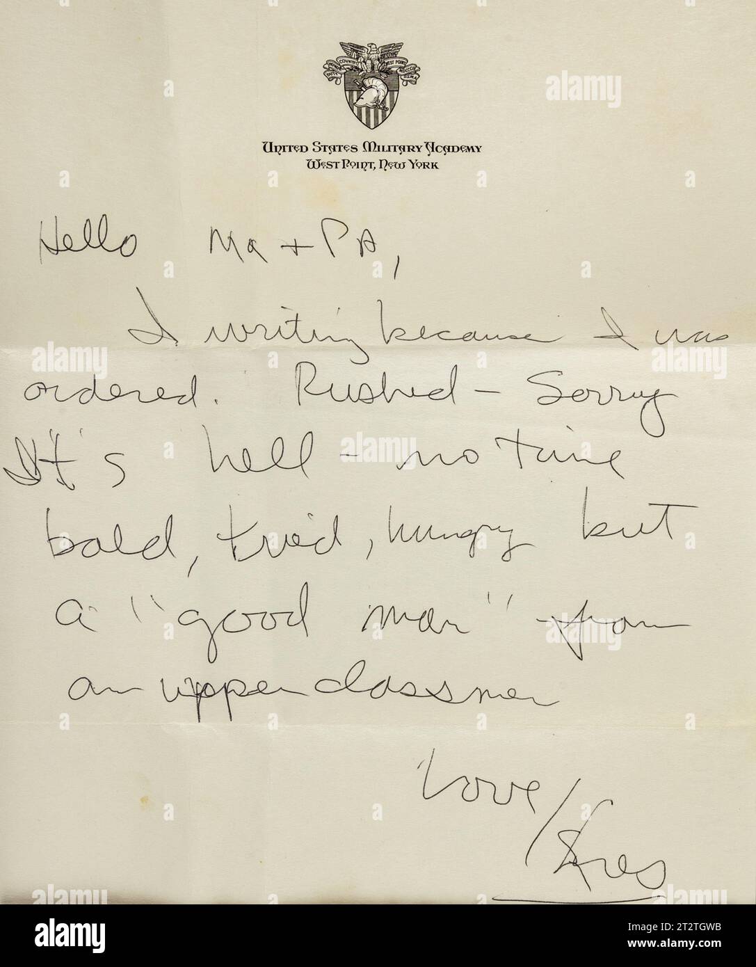 Lettera scritta a mano da un nuovo cadetto durante Beast Barrcks ai suoi genitori, luglio 1996, West Point, New York, USA Foto Stock