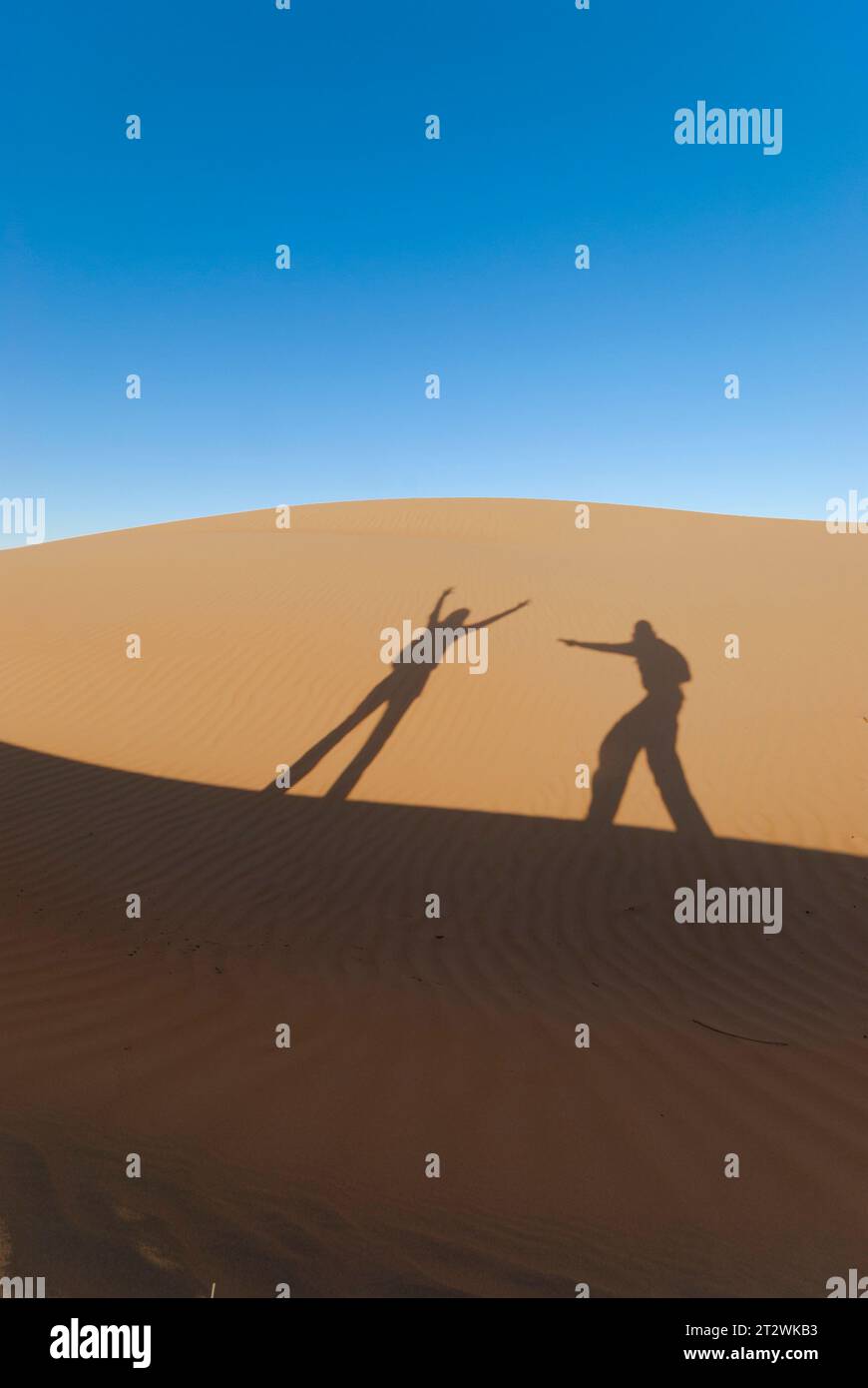 Gioco d'ombra tra due persone sulle dune di sabbia delle Wahiba Sands, nel deserto dell'Oman Foto Stock