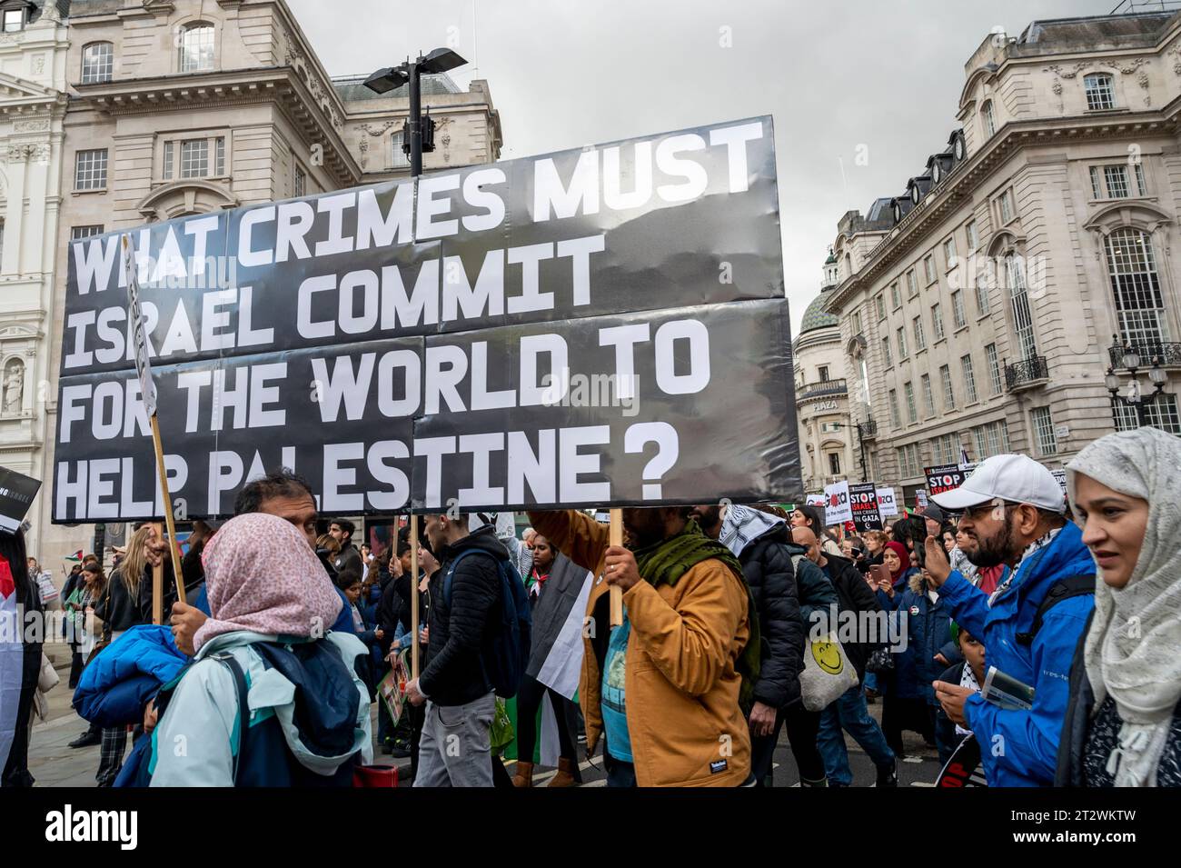 Protesta contro il bombardamento di Gaza con un ampio cartello "quale crimine deve commettere Israele per il mondo per aiutare la Palestina”. Londra. Foto Stock