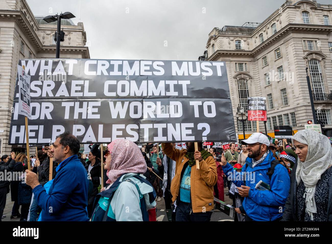 Protesta contro il bombardamento di Gaza con un ampio cartello "quale crimine deve commettere Israele per il mondo per aiutare la Palestina”. Londra. Foto Stock