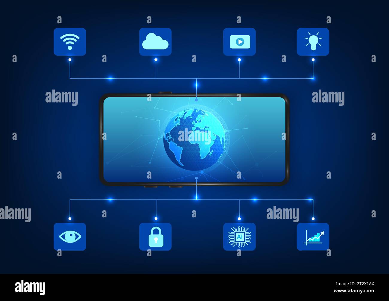 Tecnologia smartphone, schermo del telefono cellulare con globo con icone della tecnologia connessa. Si riferisce alla tecnologia telefonica che collega le informazioni provenienti da t Illustrazione Vettoriale