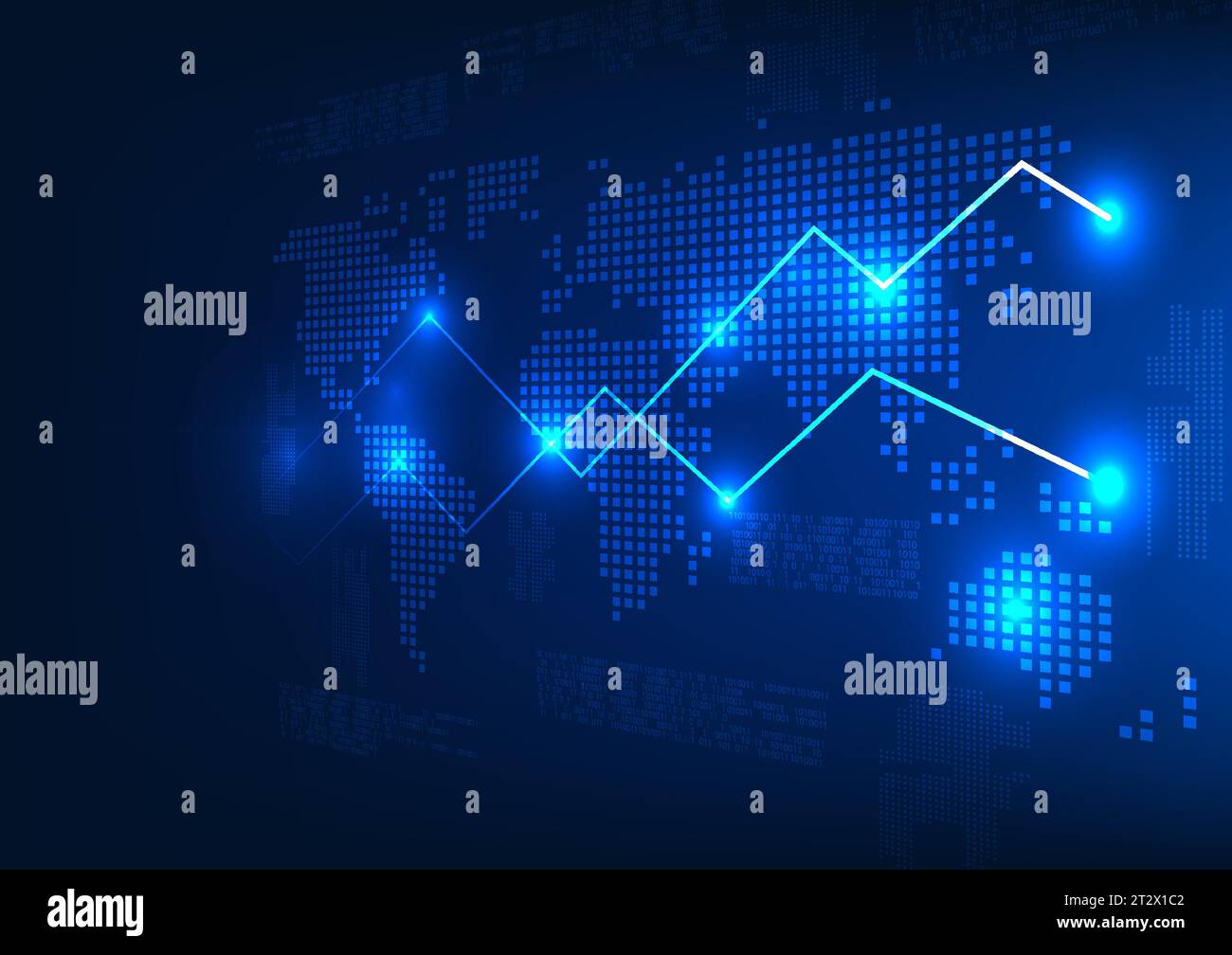 La tecnologia delle mappe mondiali, insieme ai grafici delle scorte sul retro, è un codice numerico. Si riferisce ai prezzi dell'economia mondiale che fluttuano continuamente. Illustrazione Vettoriale