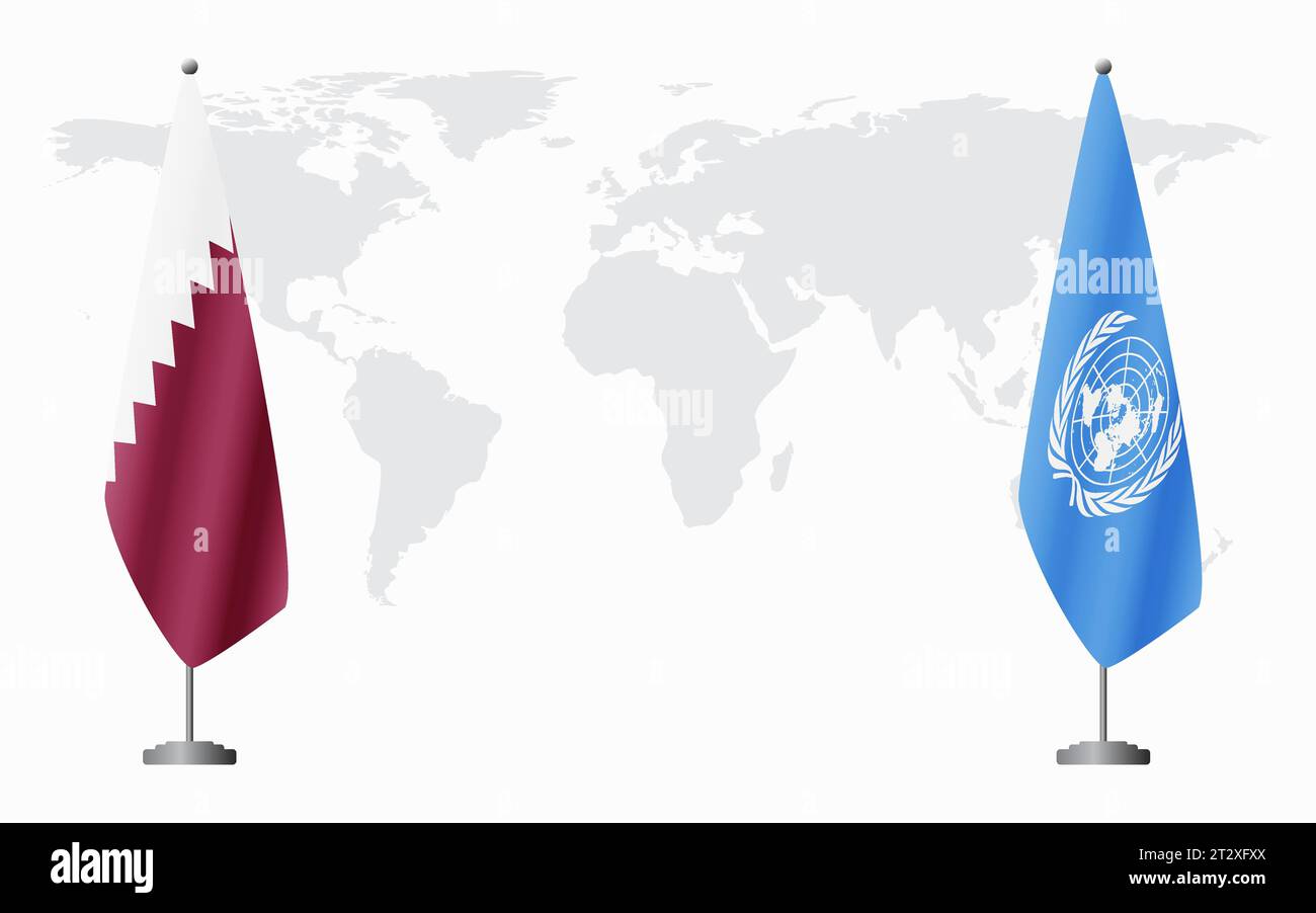 Bandiere del Qatar e delle Nazioni Unite per un incontro ufficiale sullo sfondo della mappa mondiale. Illustrazione Vettoriale
