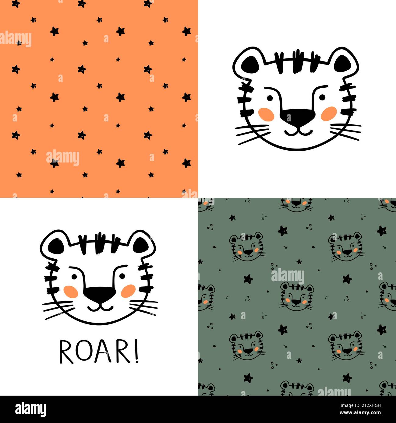 Set di simpatici motivi Little Tiger. Piccola tigre disegnata a mano in stile doodle per disegnare abiti per bambini. Cartoni animati Bohemian nursery print. Design tex per bambini Illustrazione Vettoriale