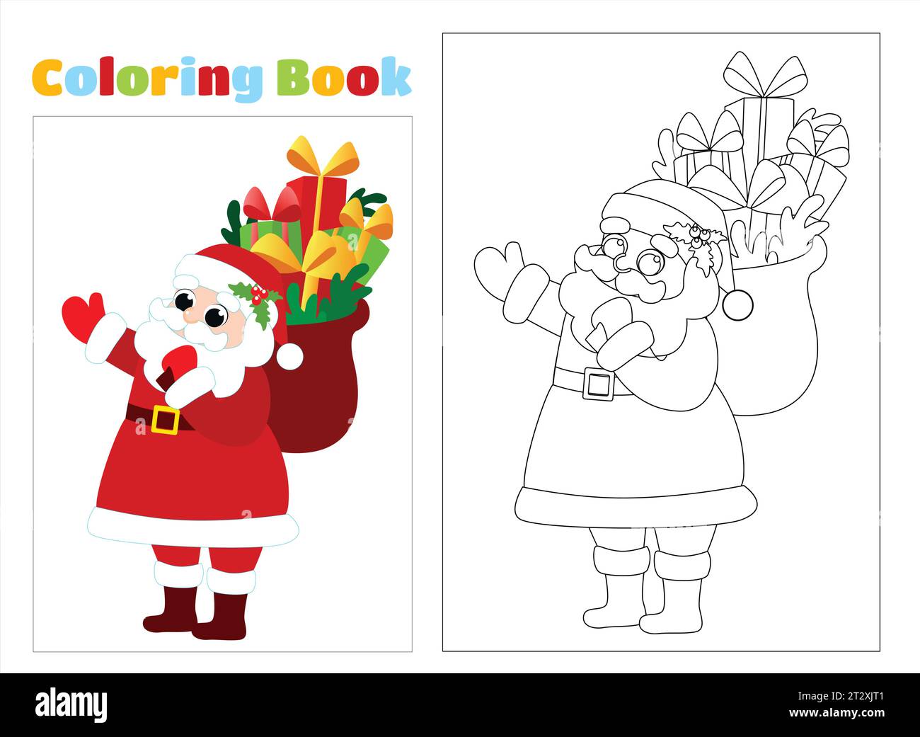 Pagina da colorare. Babbo Natale allegro con una borsa di regali natalizi in stile cartoni animati. Babbo Natale sta di lato e gli agita la mano. Illustrazione Vettoriale
