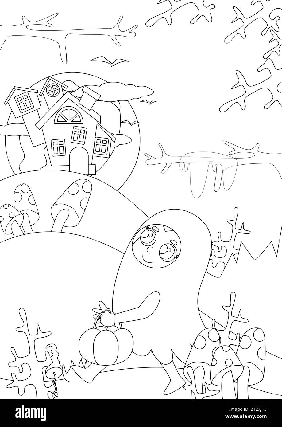Pagina da colorare. Un bambino piccolo è vestito con un costume fantasma e va al castello sulla montagna. Il bambino è molto carino. Illustrazione Vettoriale