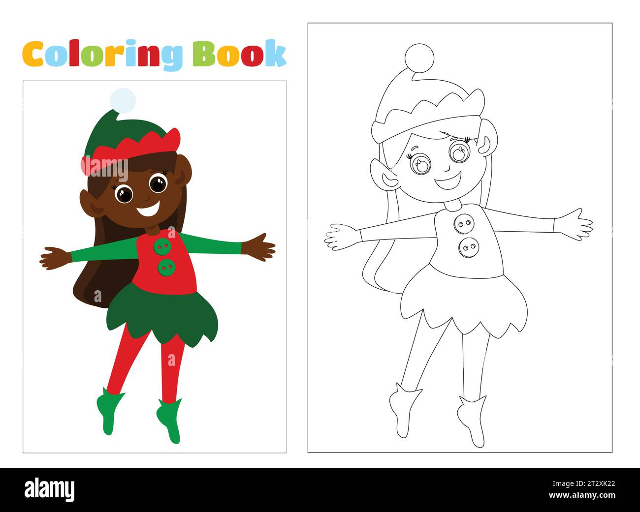 Pagina da colorare. L'elfo di Natale è vestito con un costume da elfo ed è felice. Piccola elfa carina in stile cartone animato. Il bambino gira in giro eccitato Illustrazione Vettoriale