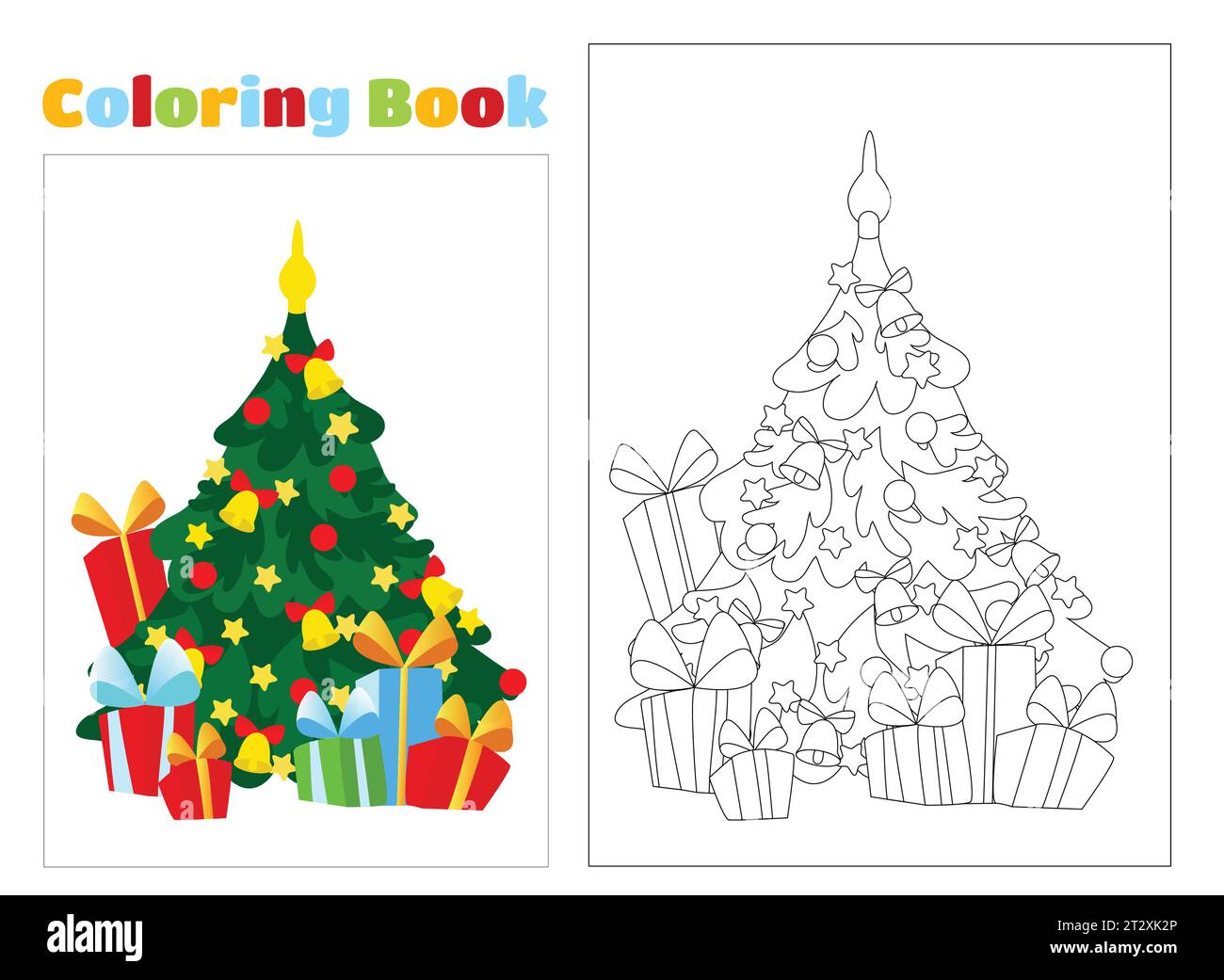 Pagina da colorare. Albero di Natale decorato con giocattoli e palle e stelle e ghirlanda in stile cartoni animati. Immagine festiva isolata. Illustrazione Vettoriale