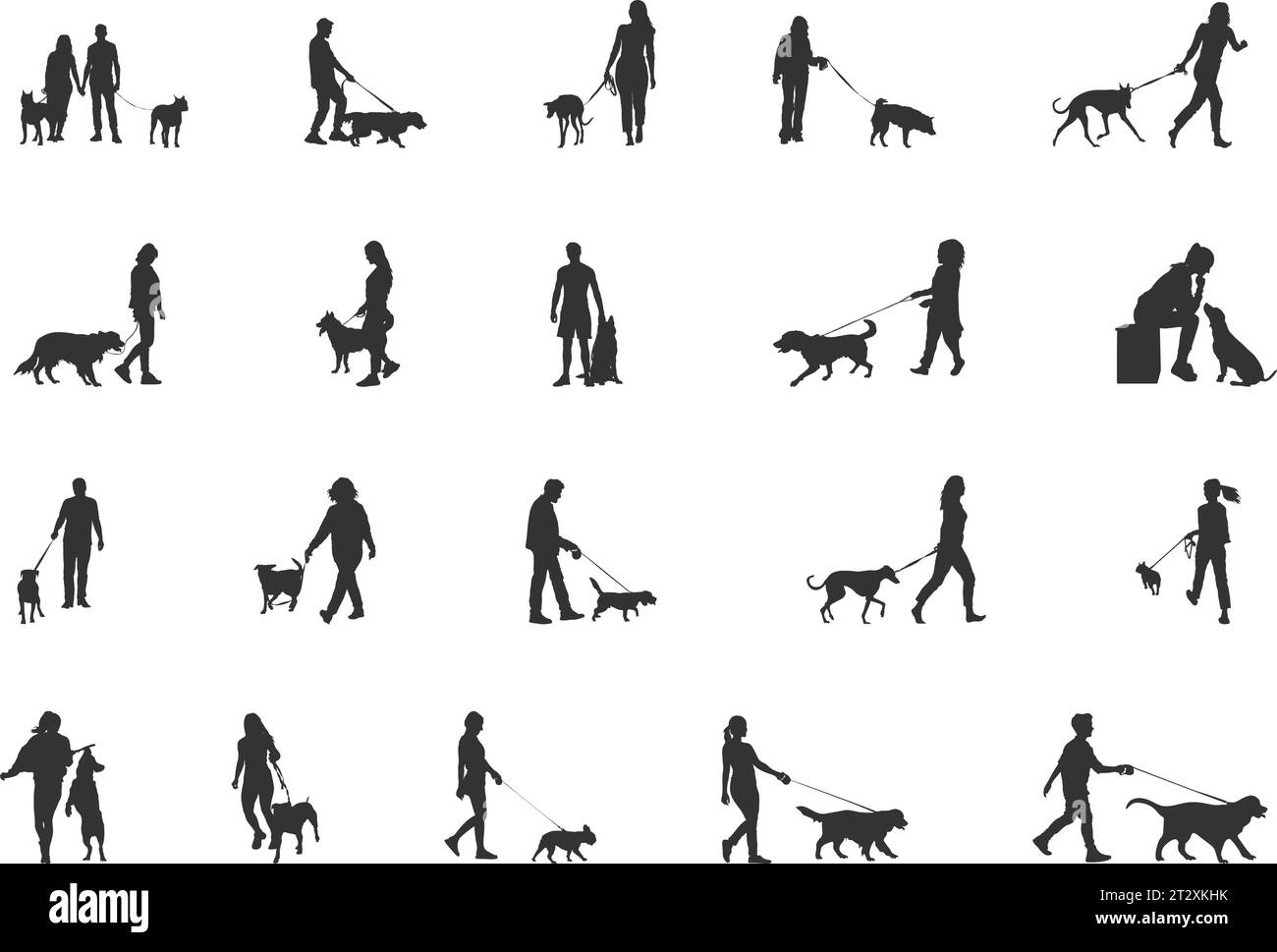 Silhouette per cani da passeggio, uomo e donna con silhouette per cani, silhouette per cani da passeggio uomo, silhouette per cani da passeggio donna Illustrazione Vettoriale