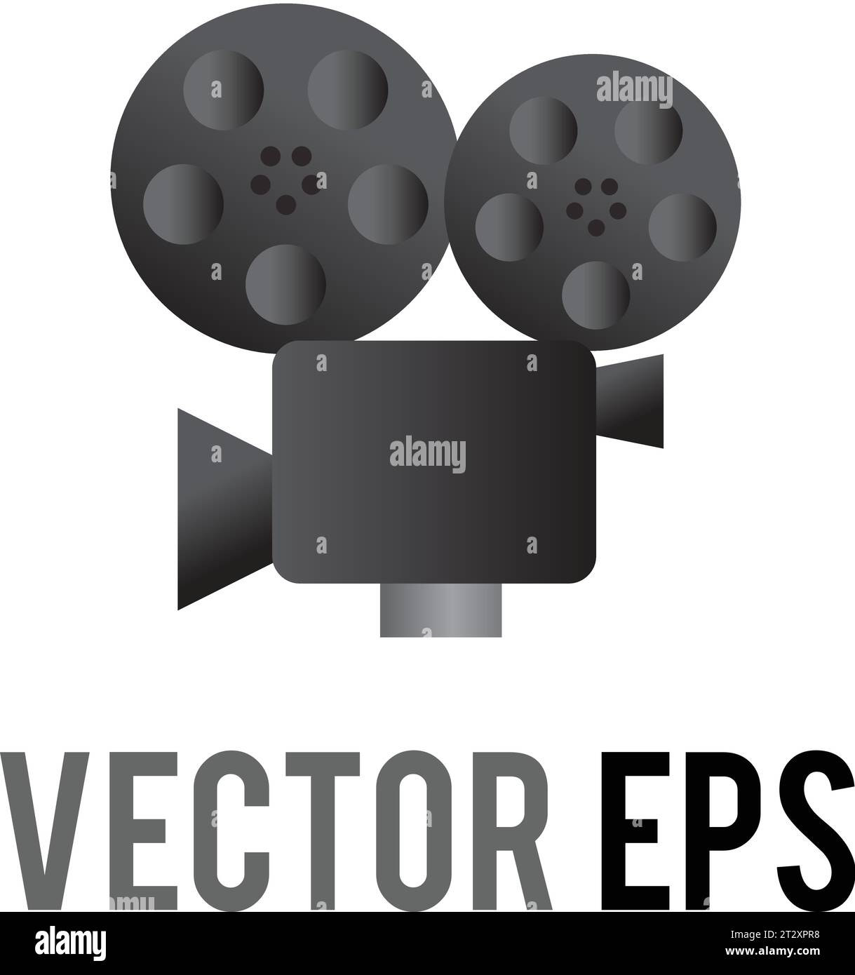 L'icona isolata di una classica telecamera vettoriale grigia e nera con due bobine montate di pellicola, mirino e obiettivo, utilizzata per contenuti riguardanti film, Illustrazione Vettoriale