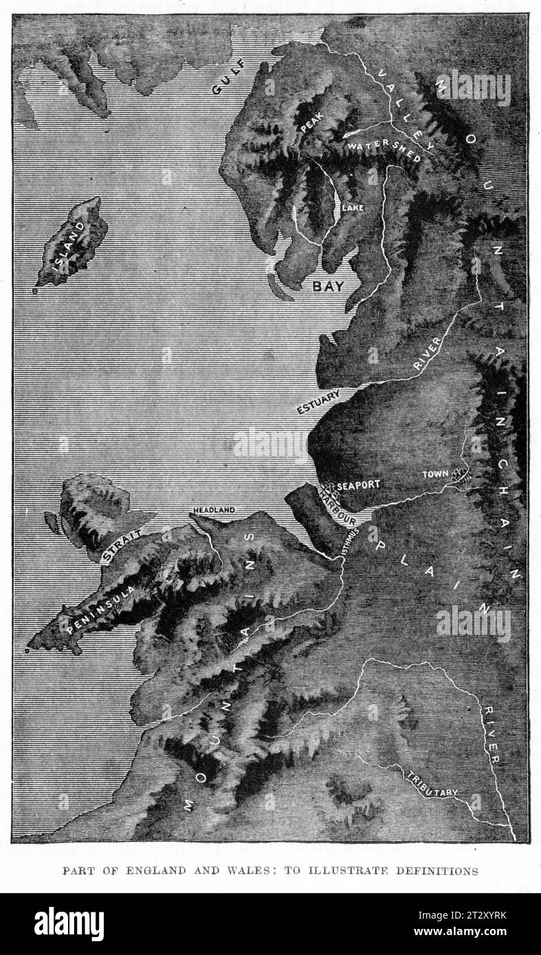 Illustrazione incisa da un libro di geografia che mostra caratteristiche costiere come un porto, una baia, un estuario e , intorno al 1900 Foto Stock