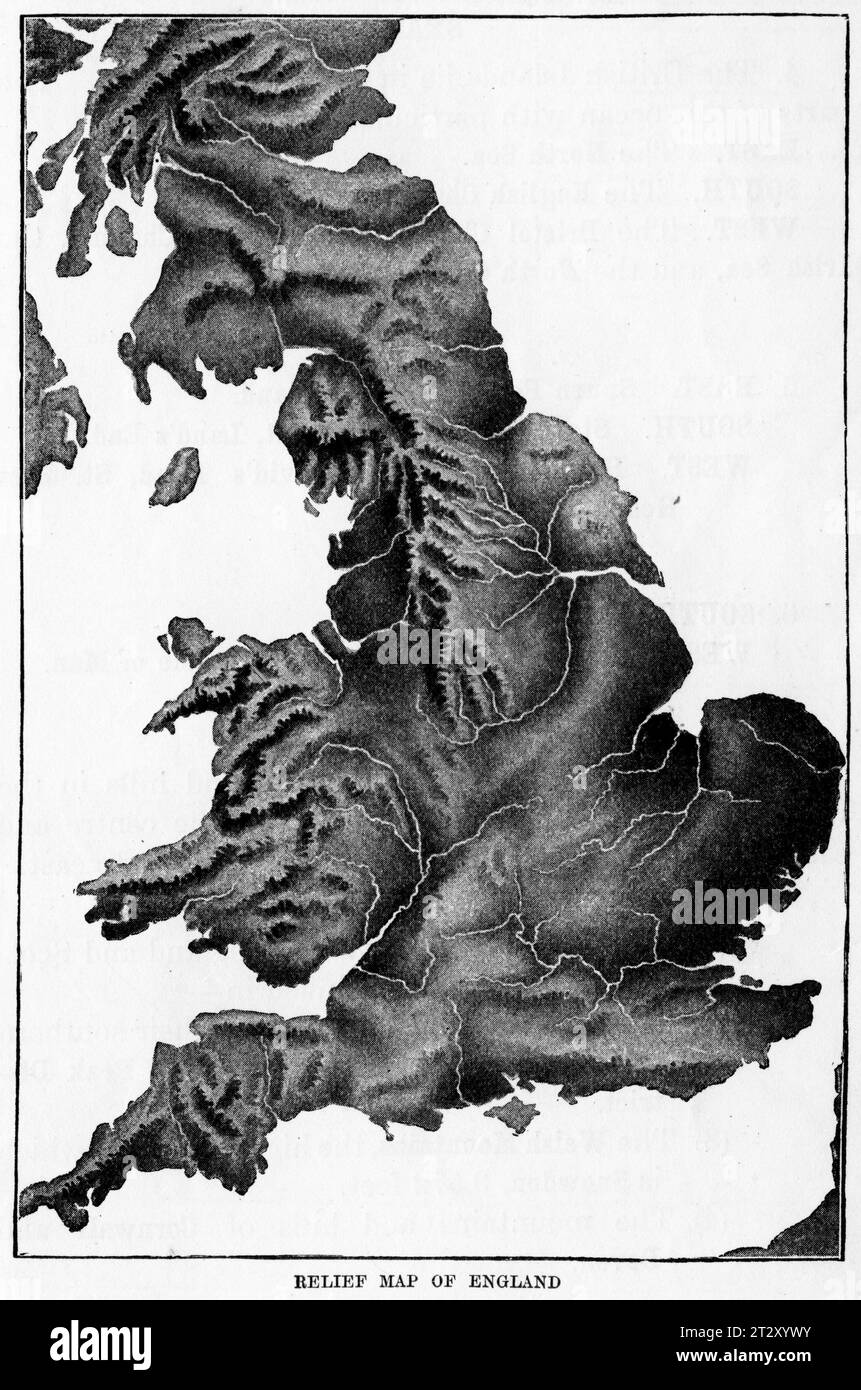 Mappa di rilievo dell'Inghilterra circa 1910 da un libro di testo di geografia scolastica Foto Stock