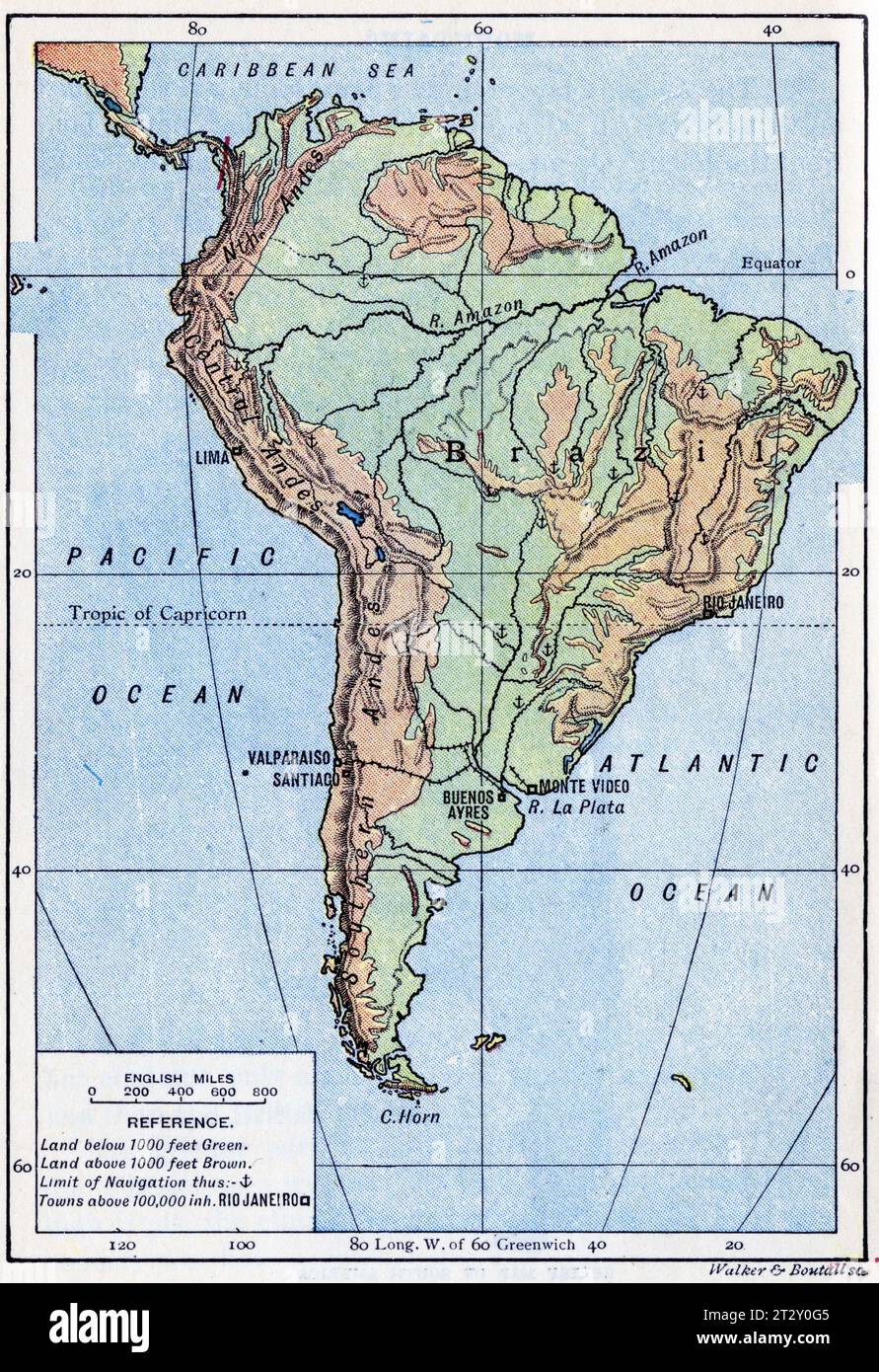 mappa del Sud America circa 1910 da un libro di testo di geografia scolastica Foto Stock