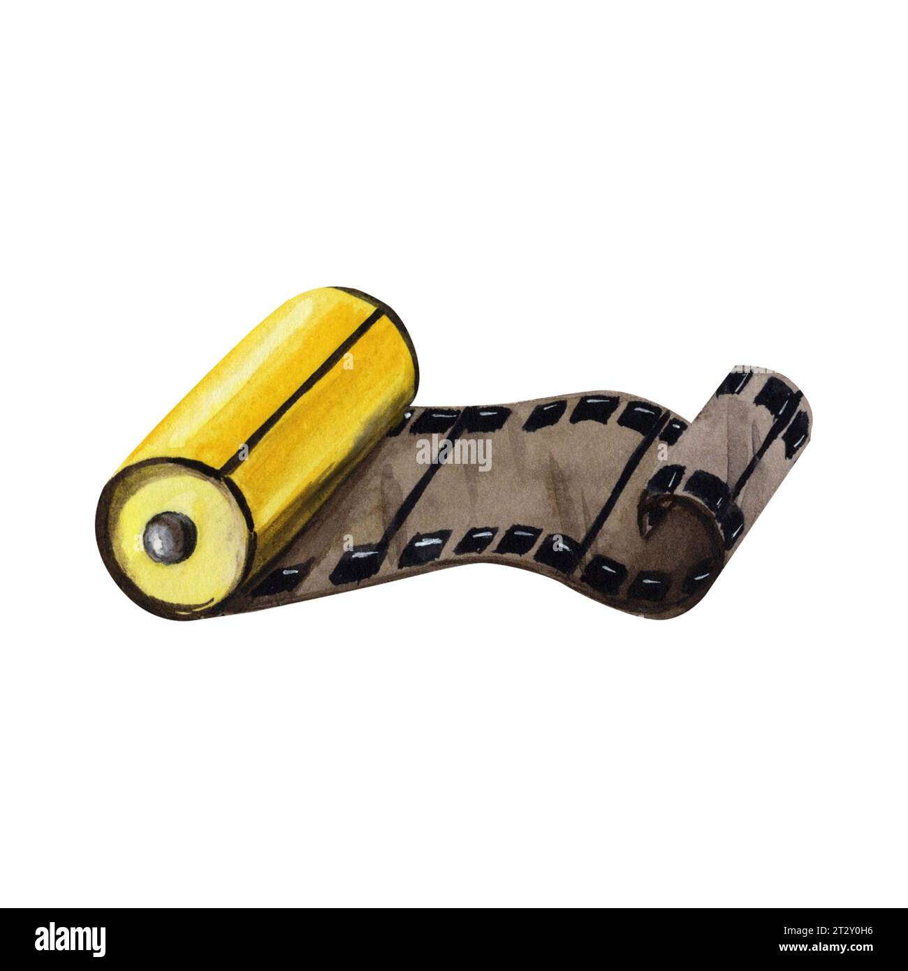 Rotolo giallo della pellicola della fotocamera. Illustrazione ad acquerello disegnata a mano isolata su sfondo bianco. Apparecchiature fotografiche obsolete. Elemento nostalgico d Foto Stock