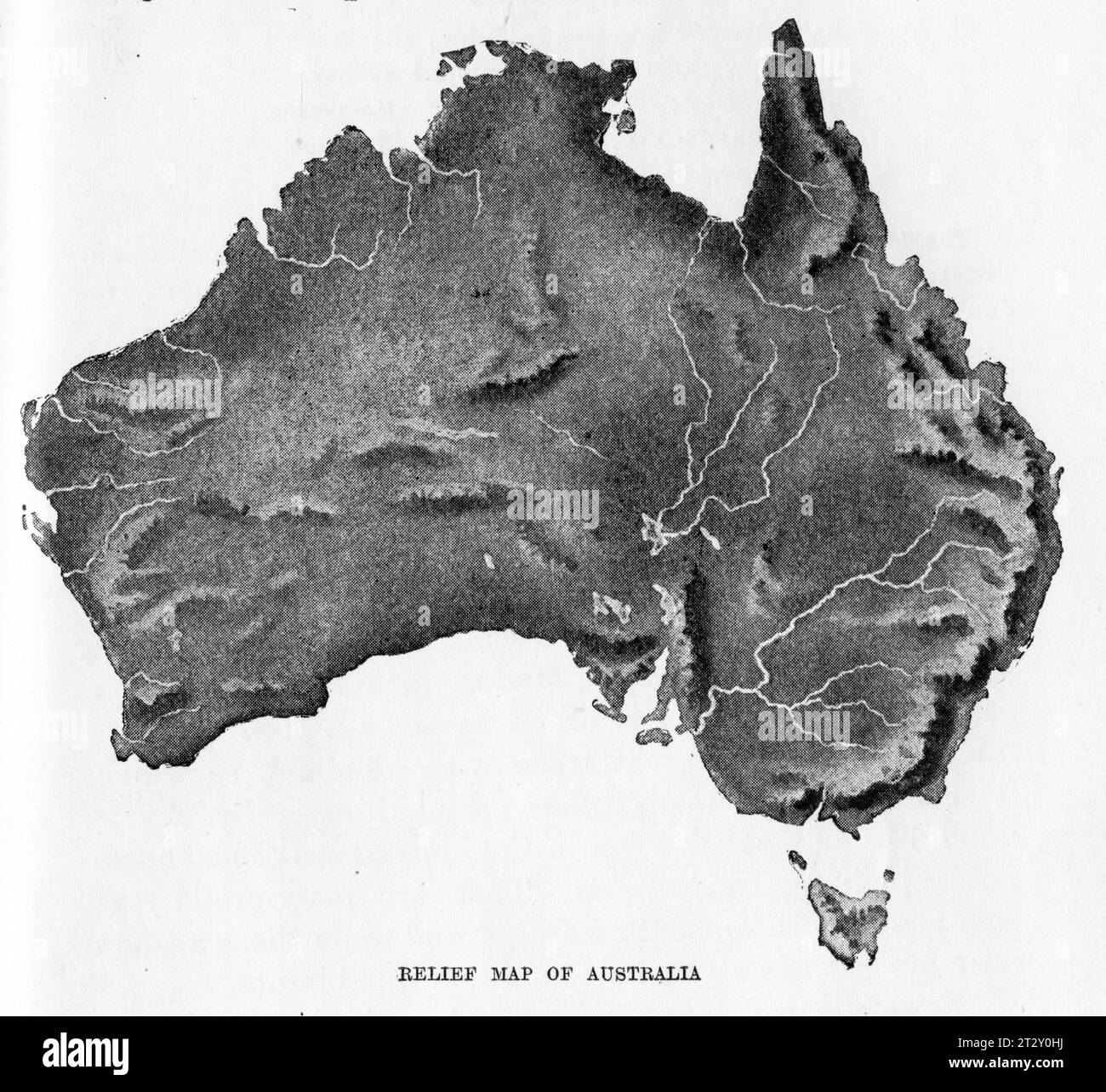 Mappa di rilievo dell'Australia circa 1910 da un libro di testo di geografia scolastica Foto Stock