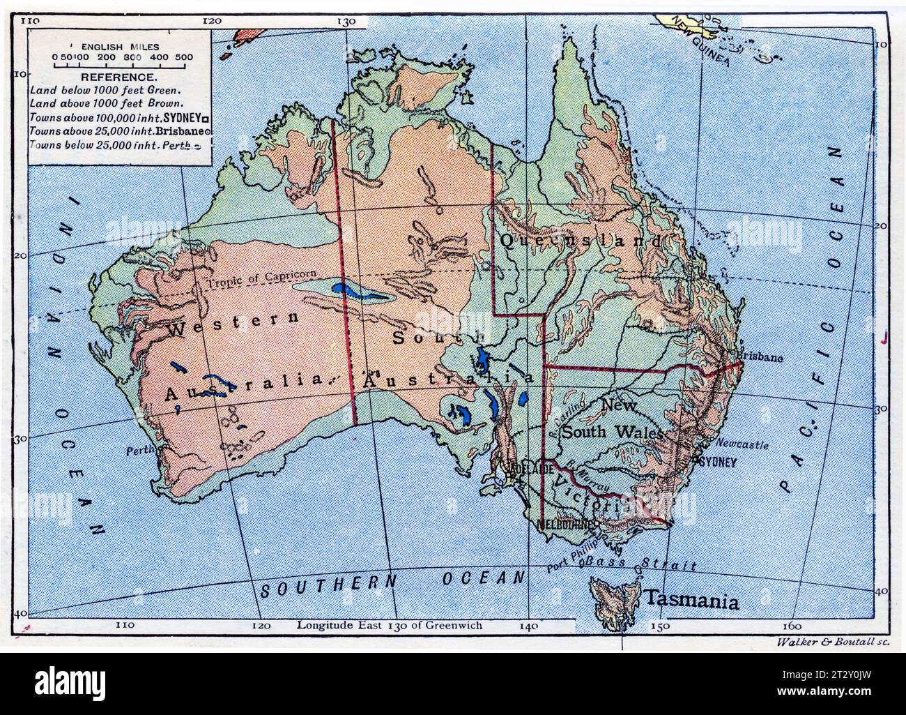 mappa dell'Australia circa 1910 da un libro di testo di geografia scolastica Foto Stock