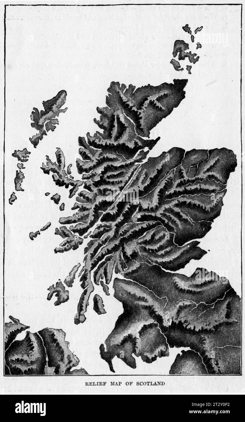 Mappa di rilievo della Scozia circa 1910 da un libro di testo di geografia scolastica Foto Stock