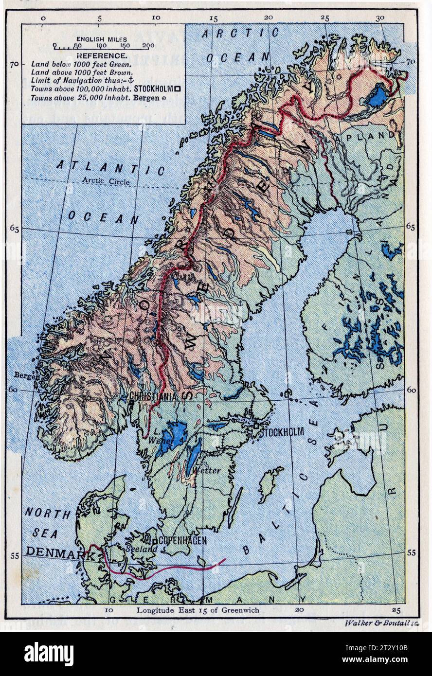 mappa di Norvegia e Svezia circa 1910 da un libro di testo di geografia scolastica Foto Stock