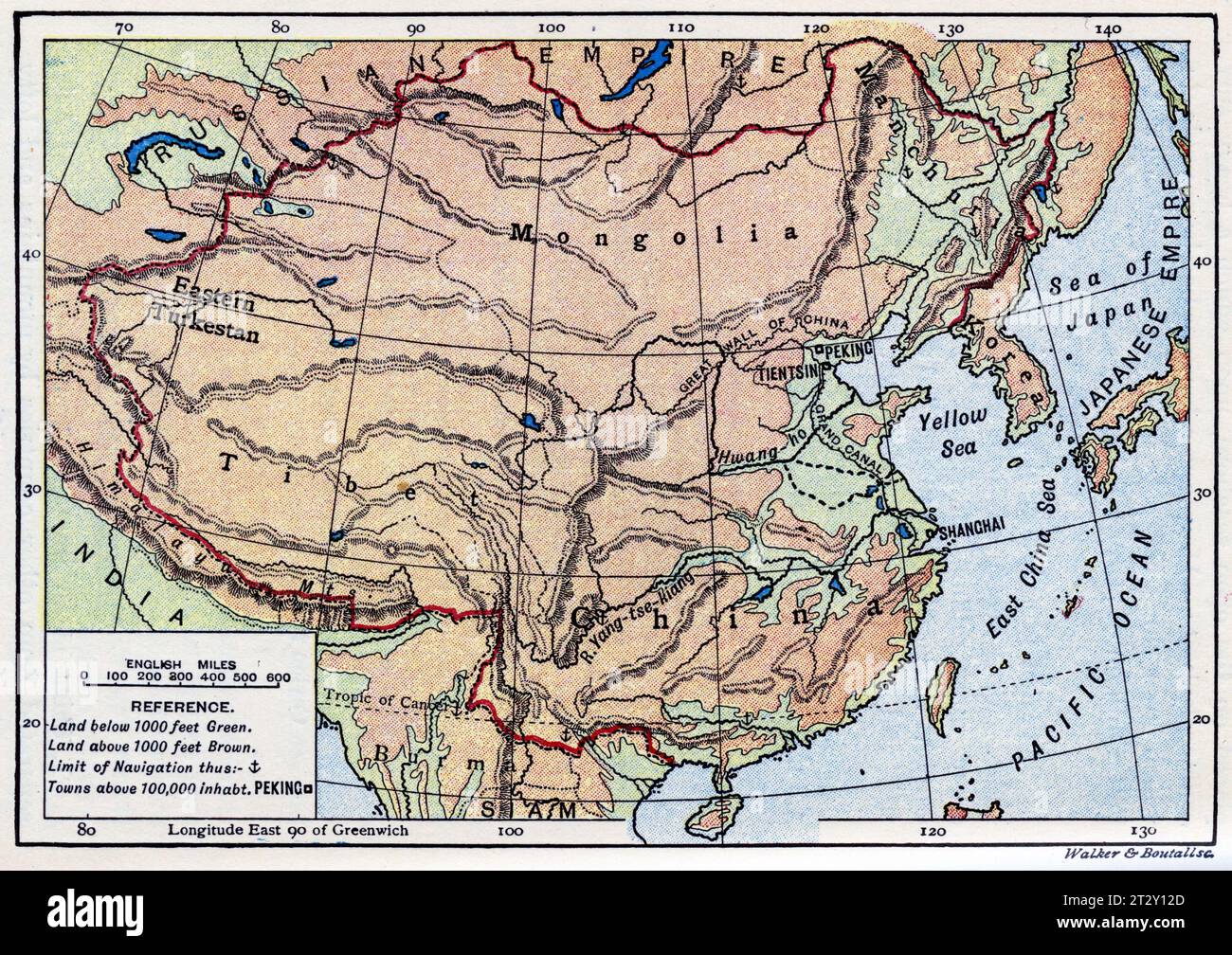 mappa della Mongolia circa 1910 da un libro di testo di geografia scolastica Foto Stock