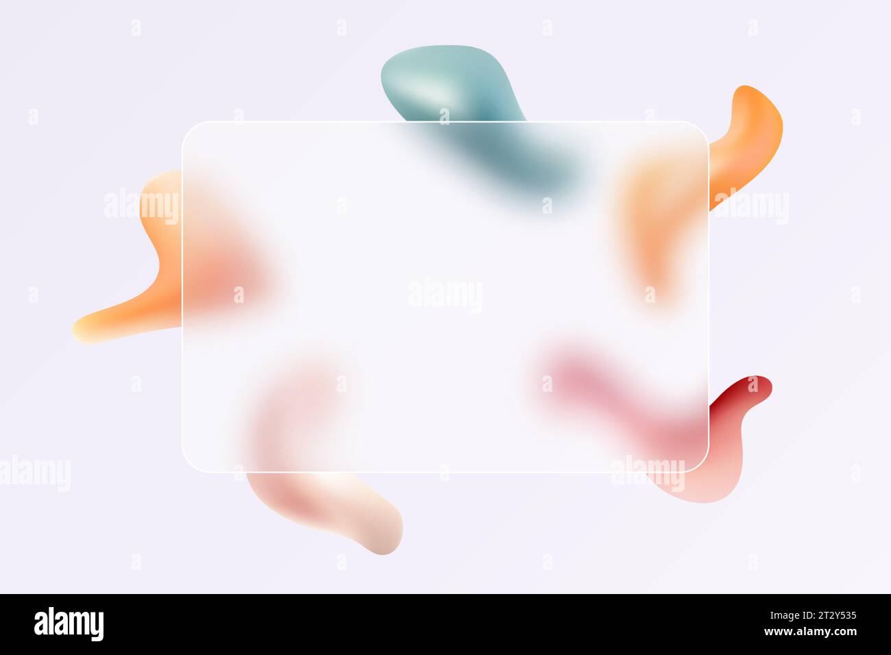 Effetto morfismo in vetro con cartoncino rettangolare traslucido o cornice su una sfumatura colorata di forme arrotondate liquide. Illustrazione Vettoriale