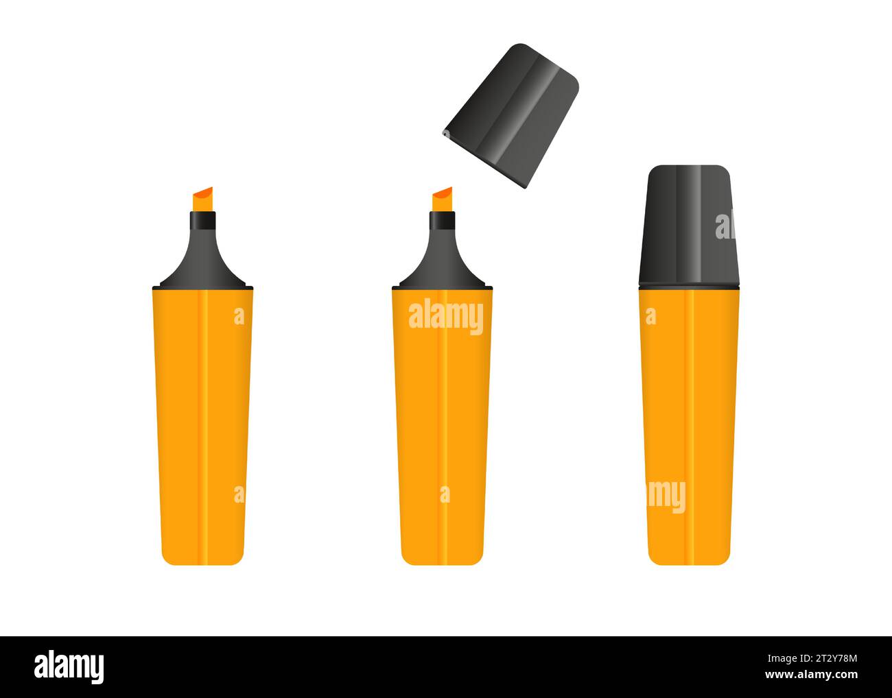 Evidenziatore arancione, 3 versioni di marcatore di colore arancione. Insieme di vettori. Illustrazione Vettoriale