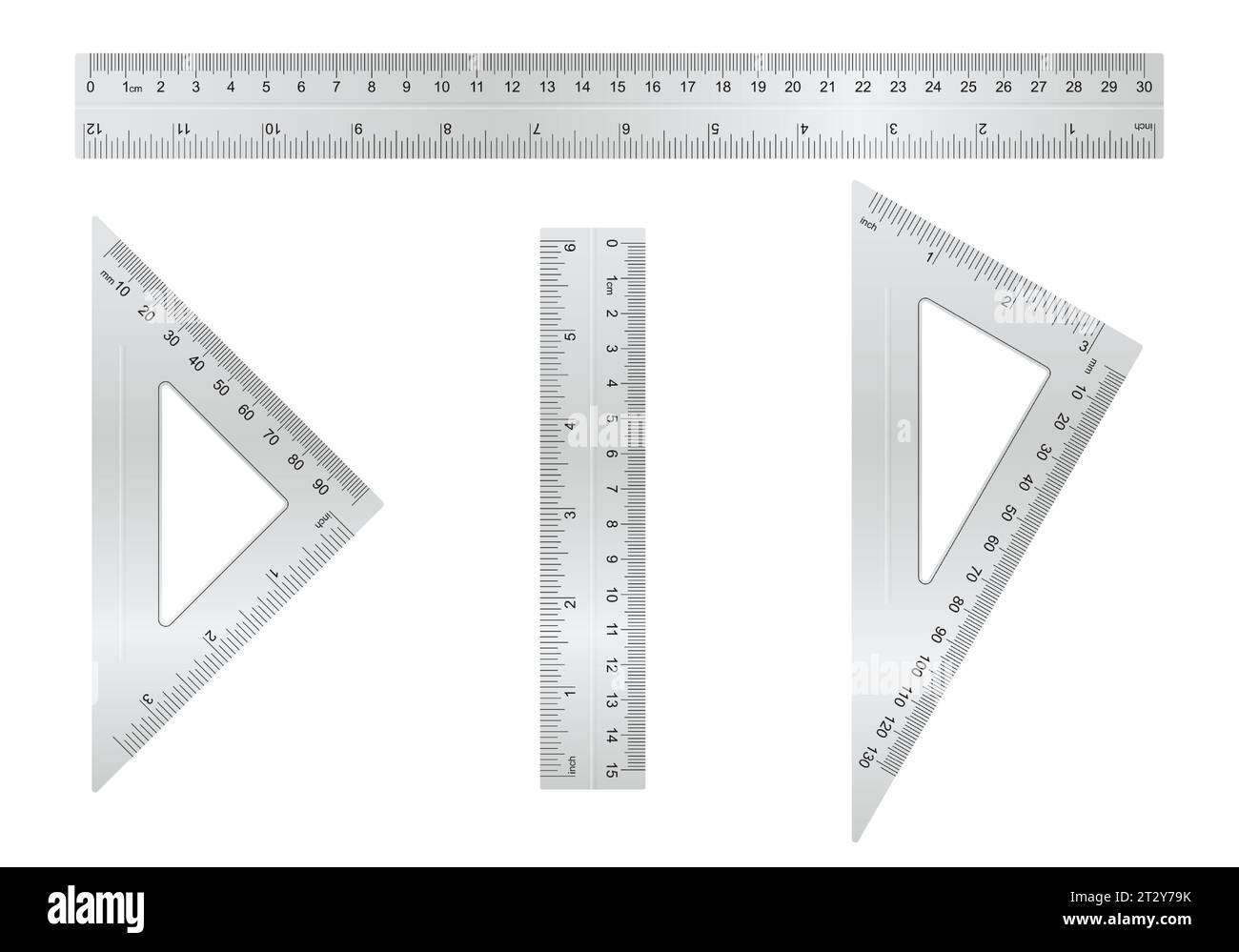 Collezione di righelli in metallo. Righello corto, lungo e triangolare con diversi tipi di misura. Set di attrezzature per scuole vettoriali. Illustrazione Vettoriale