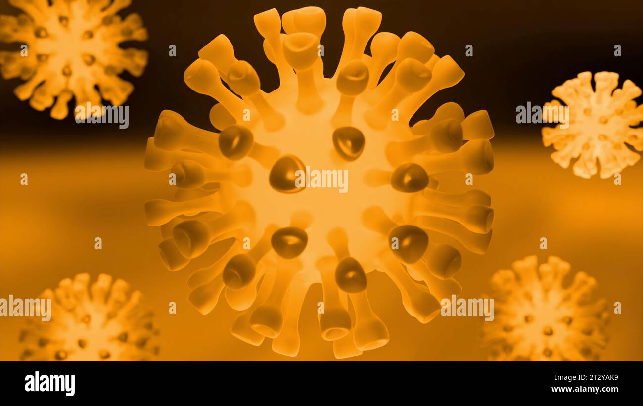 Sfondo giallo e rosso con virus. Progettazione. Uno sfondo ricco di sfumature realizzato in astrazione con batteri rotanti. Foto Stock