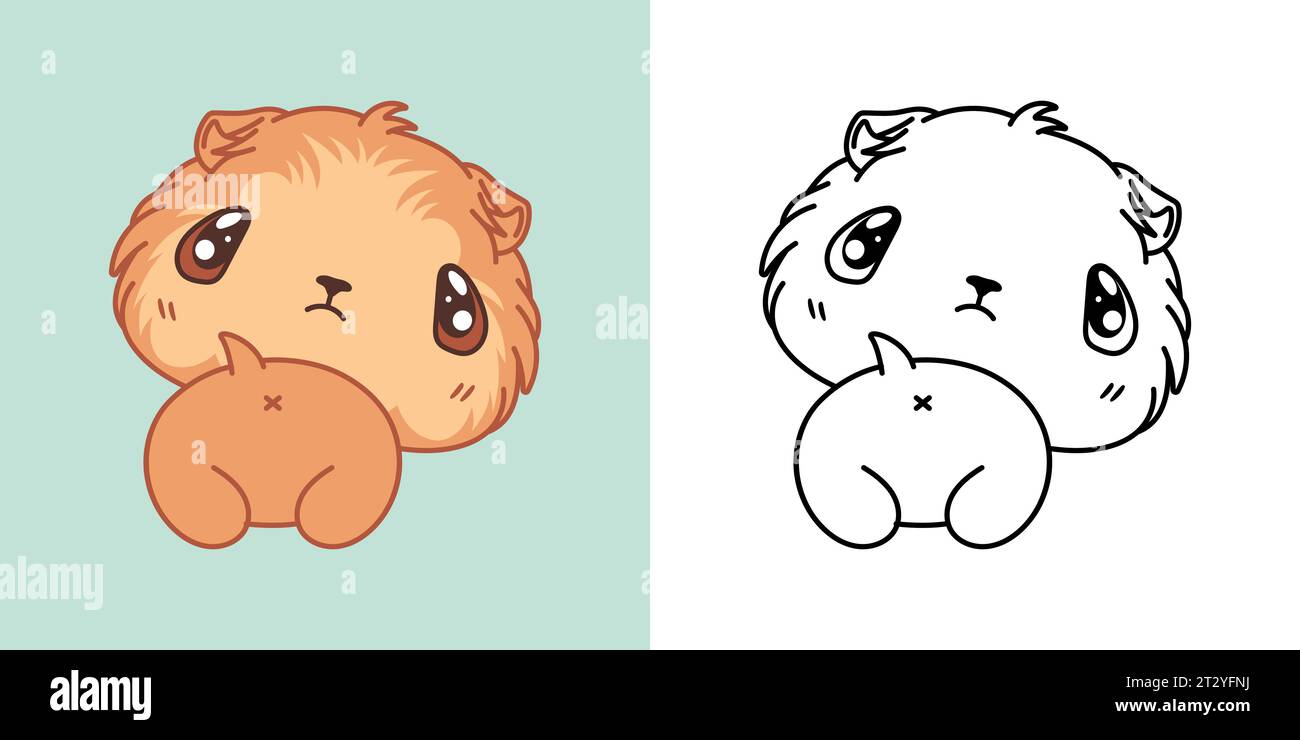 Kawaii Baby Guinea Pig per colorare pagina e illustrazione. Adorabile cucciolo con Clip Art. Carino illustrazione vettoriale di un roditore Kawaii per adesivi Illustrazione Vettoriale