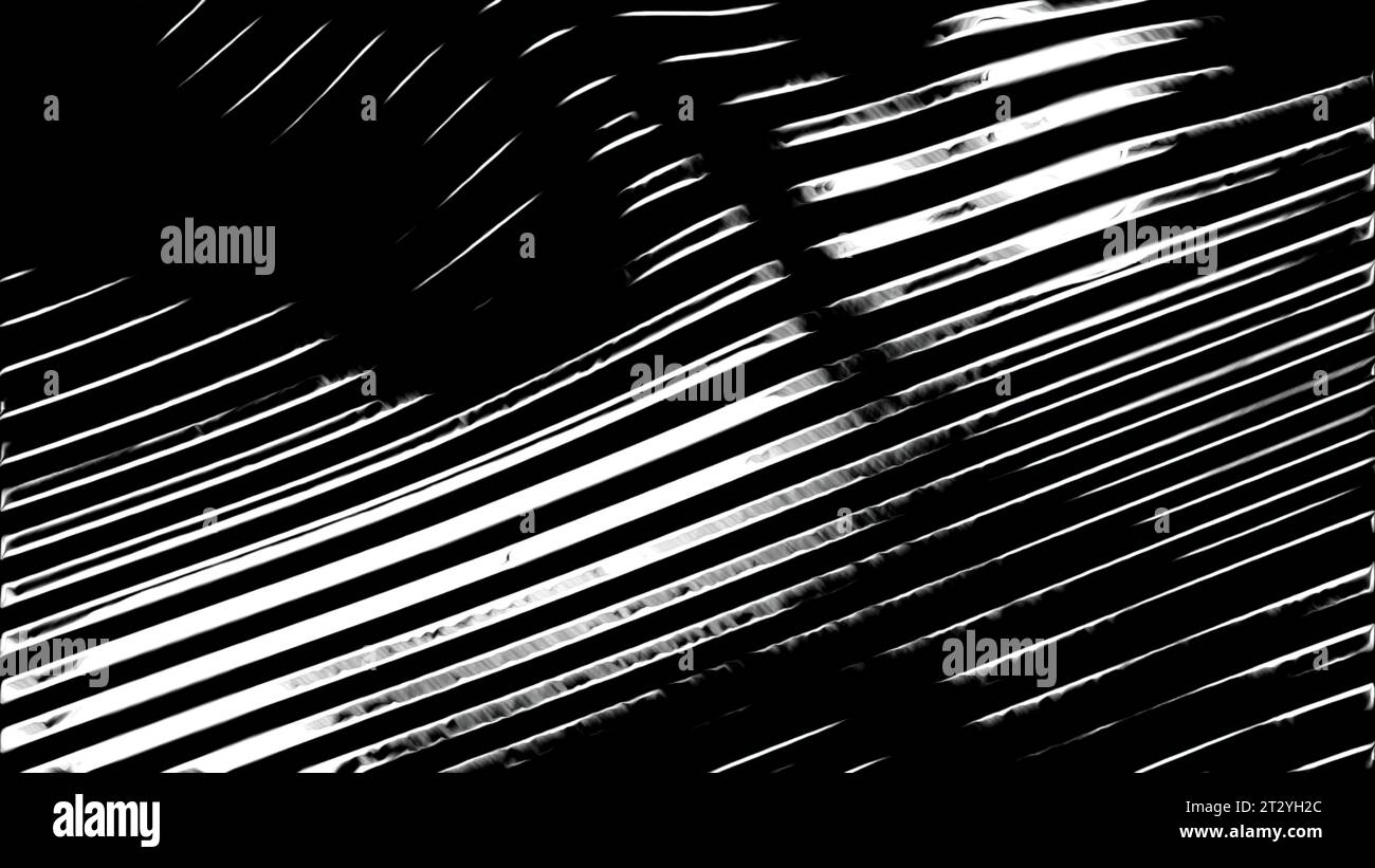 Onde metalliche rifrangenti astratte e brillanti 3D di strisce strette. Progettazione. Sfondo industriale bianco e nero con linee curve. Foto Stock
