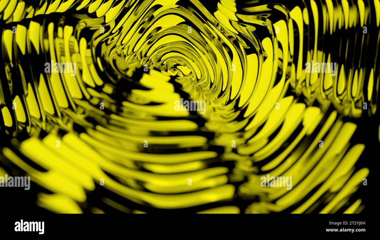 Anelli di spandimento astratti sulla superficie dell'acqua con increspature. Progettazione. Sfondo liquido giallo e nero. Foto Stock