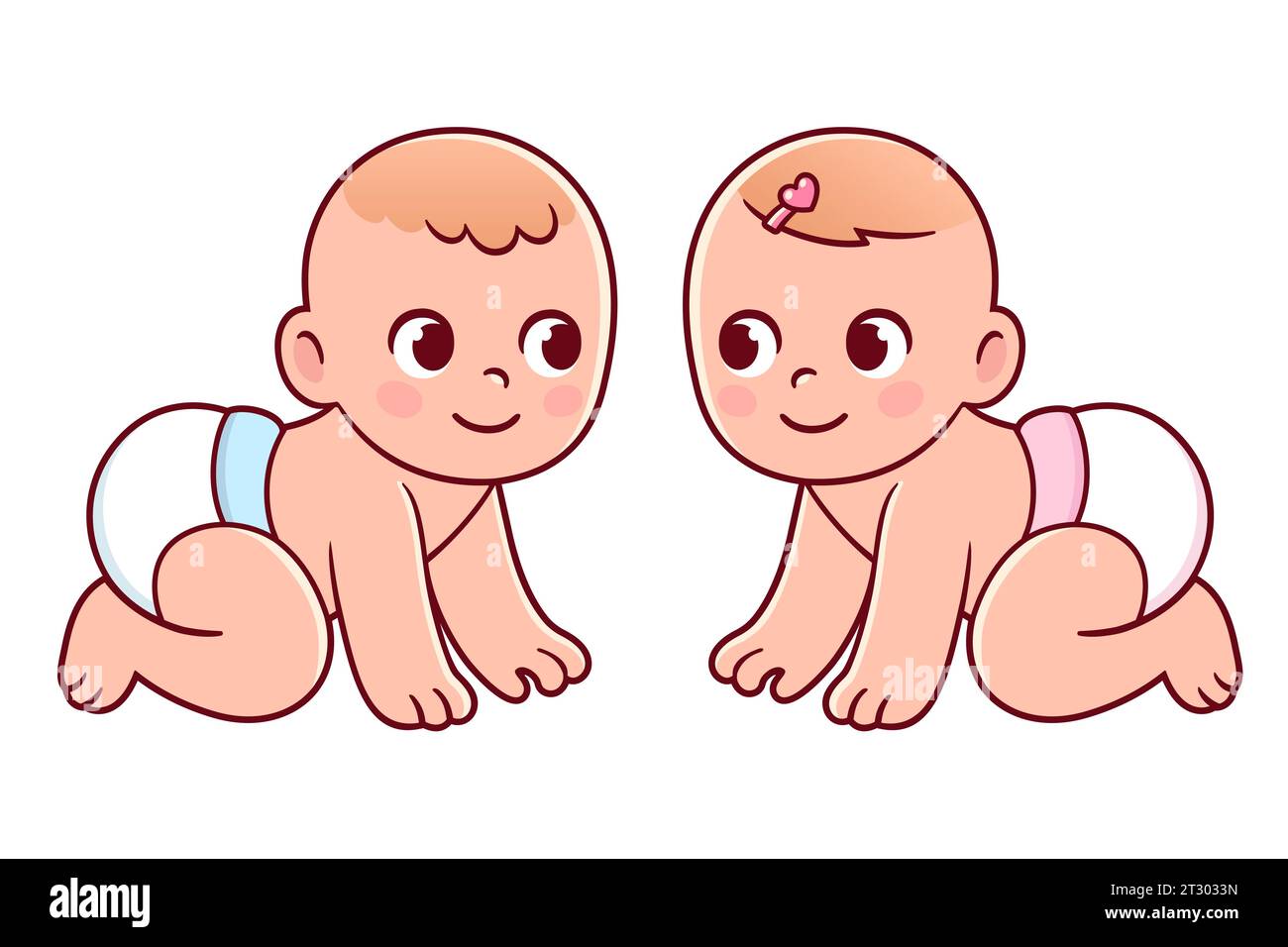 Carino disegno a cartoni animati di bambino e ragazza striscianti. Colore del sesso del bambino sui pannolini. Illustrazione della clip art vettoriale. Illustrazione Vettoriale