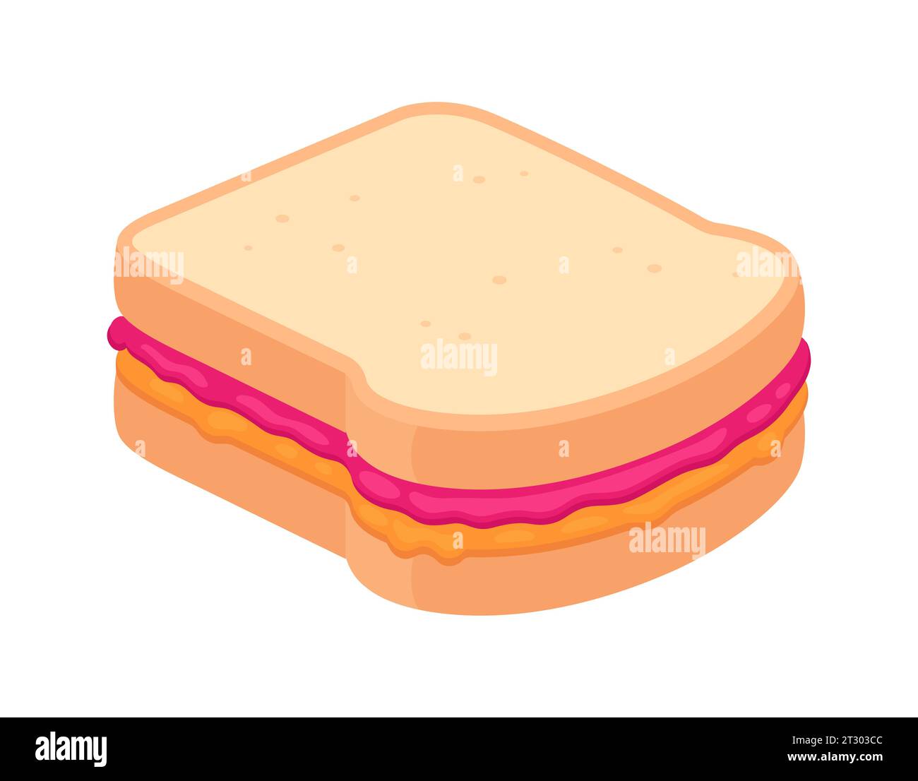 Disegno sandwich PBJ. Pane tostato bianco con burro di arachidi e marmellata di lamponi. Illustrazione del cartone animato con disegno vettoriale piatto. Illustrazione Vettoriale
