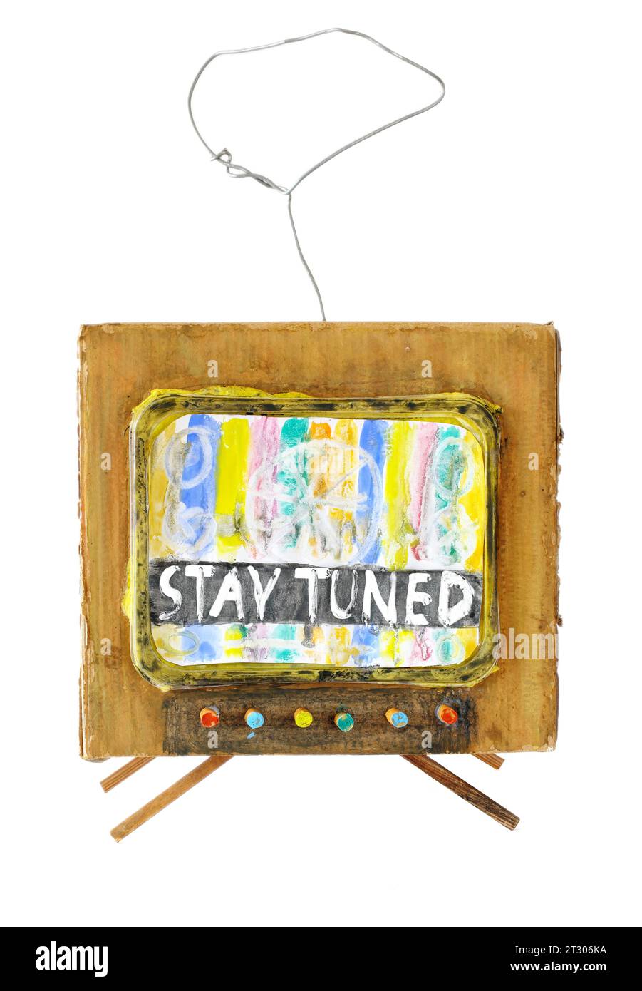 Modello di set TV super grungy con motivo di test e didascalia "Stay tuned", offline, problemi del server, disturbo, segnale di errore di disattivazione del sito Web, isolato su bianco Foto Stock
