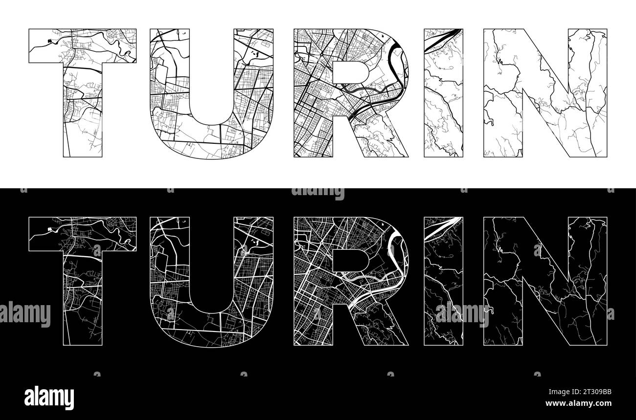 Nome città di Torino (Italia, Europa) con vettore di illustrazione mappa della città in bianco e nero Illustrazione Vettoriale