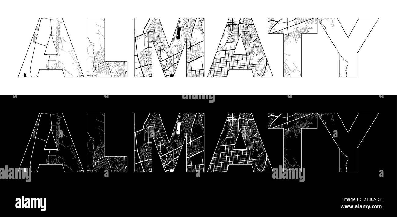 Nome della città di Almaty (Kazakistan, Asia) con vettore di illustrazione della mappa della città in bianco e nero Illustrazione Vettoriale