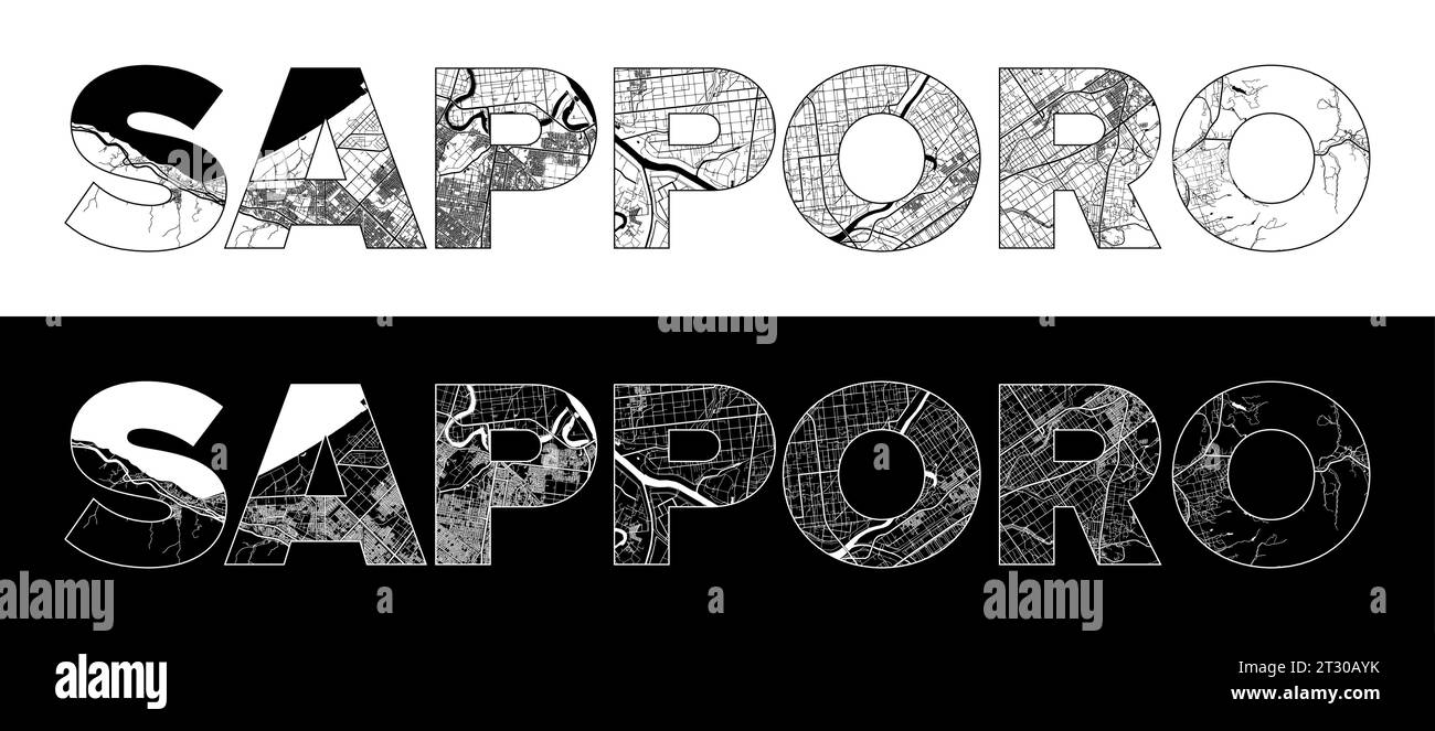 Nome della città di Sapporo (Giappone, Asia) con vettore di illustrazione della mappa della città in bianco e nero Illustrazione Vettoriale