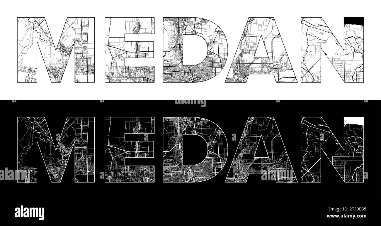 Nome città Medan (Indonesia, Asia) con vettore di illustrazione mappa della città in bianco e nero Illustrazione Vettoriale