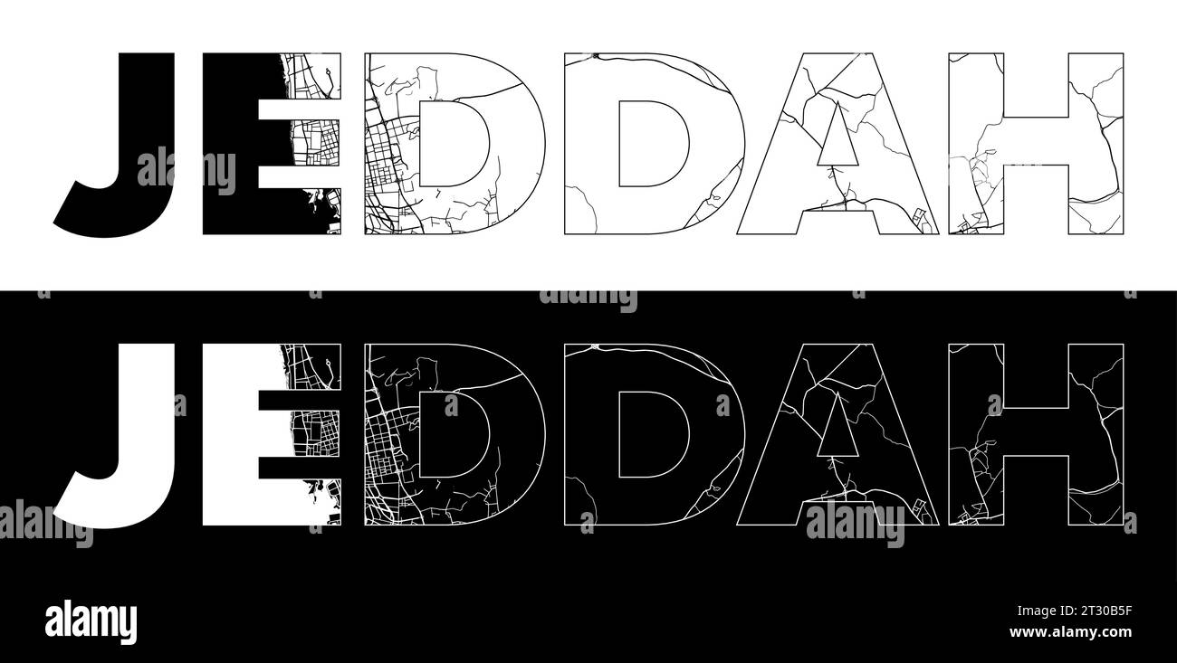 Nome della città di Jeddah (Arabia Saudita, Asia) con vettore di illustrazione della mappa della città in bianco e nero Illustrazione Vettoriale