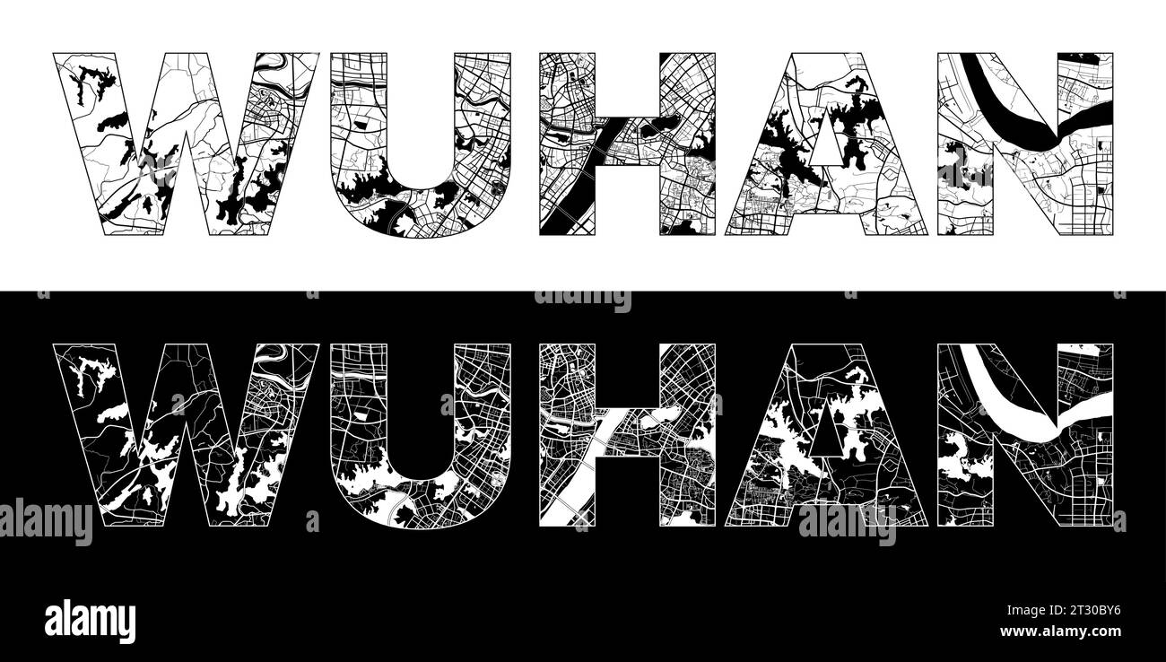 Nome città di Wuhan (Cina, Asia) con vettore di illustrazione mappa della città in bianco e nero Illustrazione Vettoriale