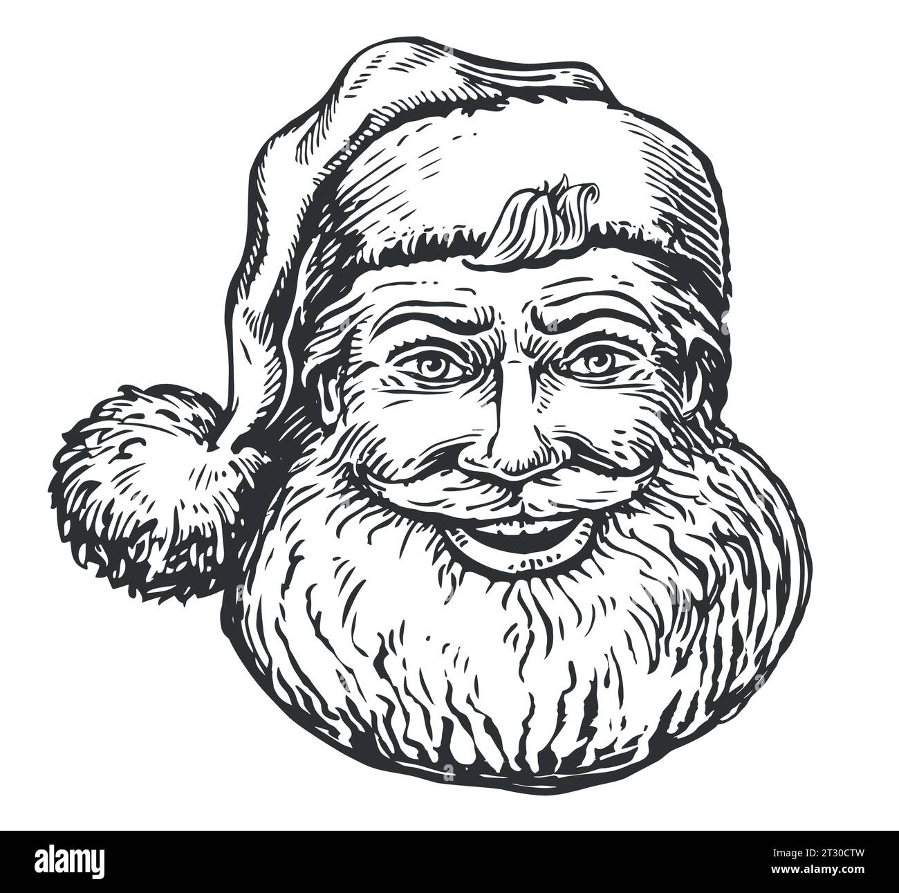 Sorridente Babbo Natale con cappello disegnato a mano in stile abbozzato. Simbolo natalizio illustrazione vettoriale vintage Illustrazione Vettoriale