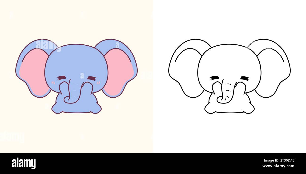 Clipart Elephant multicolore e bianco e nero. Carino Clip Art Baby Animal. Carino illustrazione vettoriale di un animale africano Kawaii per adesivi, bambino Illustrazione Vettoriale