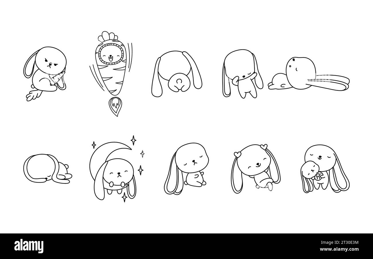 Set di Cartoon Isolated Bunny Coloring Page. Carino profilo Vector Kawaii Hare. Collezione di simpatiche decorazioni Vector Baby Rabbit Outline per adesivi, Baby Shower Illustrazione Vettoriale