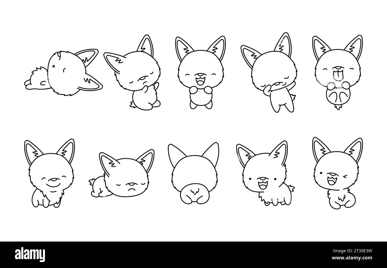 Set di pagina isolata da colorare per cani Kawaii Welsh Corgi. Carino profilo Vector Kawaii Dog. Collezione di carini Vector Baby Corgi Outline per adesivi, Baby Illustrazione Vettoriale