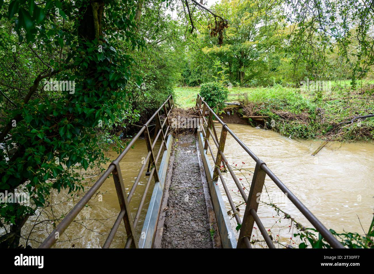 Piccolo fiume in piena dopo forti piogge a seguito di Storm Babet ha colpito il Regno Unito. Foto Stock