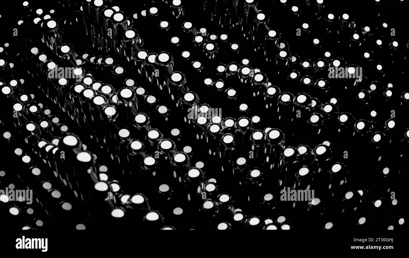 Spie lampeggianti bianche e rosse su sfondo nero. Progettazione. Lampadine luminose in astrazione con movimenti. Foto Stock