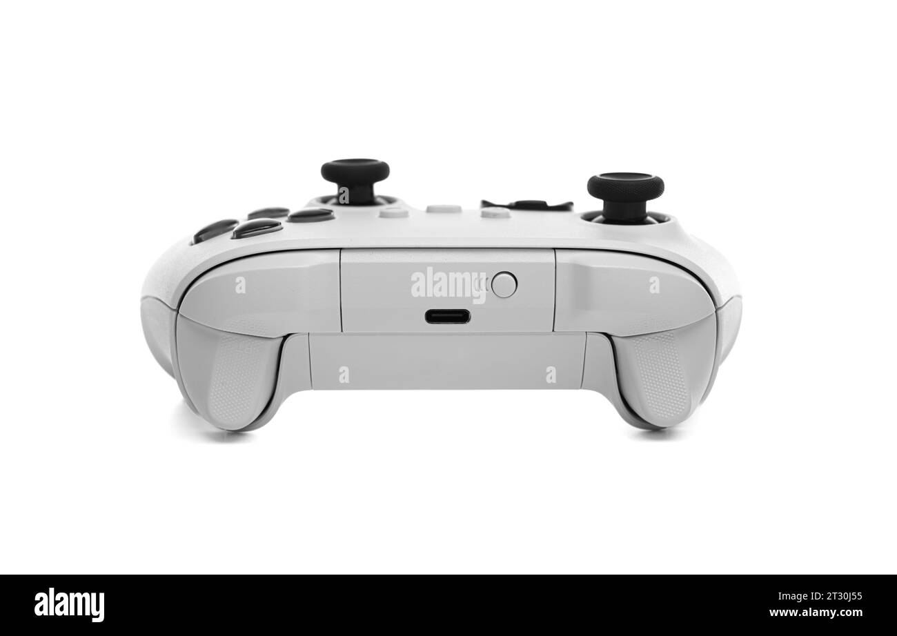 Joystick controller gamepad wireless bianco isolato su sfondo bianco. Foto Stock